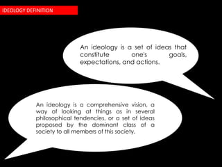 IDEOLOGY DEFINITION




                           An ideology is a set of ideas that
                           constitute      one's       goals,
                           expectations, and actions.




            An ideology is a comprehensive vision, a
            way of looking at things as in several
            philosophical tendencies, or a set of ideas
            proposed by the dominant class of a
            society to all members of this society.
 