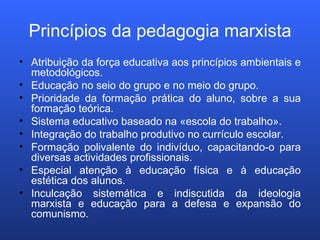 Princípios da pedagogia marxista Atribuição da força educativa aos princípios ambientais e metodológicos. Educação no seio do grupo e no meio do grupo. Prioridade da formação prática do aluno, sobre a sua formação teórica. Sistema educativo baseado na «escola do trabalho». Integração do trabalho produtivo no currículo escolar. Formação polivalente do indivíduo, capacitando-o para diversas actividades profissionais. Especial atenção à educação física e à educação estética dos alunos. Inculcação sistemática e indiscutida da ideologia marxista e educação para a defesa e expansão do comunismo. 