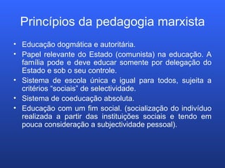 Princípios da pedagogia marxista Educação dogmática e autoritária. Papel relevante do Estado (comunista) na educação. A família pode e deve educar somente por delegação do Estado e sob o seu controle. Sistema de escola única e igual para todos, sujeita a critérios “sociais” de selectividade. Sistema de coeducação absoluta. Educação com um fim social. (socialização do indivíduo realizada a partir das instituições sociais e tendo em pouca consideração a subjectividade pessoal). 