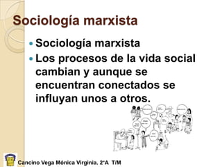 Sociología marxista
    Sociología marxista
    Los procesos de la vida social
     cambian y aunque se
     encuentran conectados se
     influyan unos a otros.




Cancino Vega Mónica Virginia. 2°A T/M
 