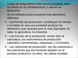 Luego de preguntarse cómo era la sociedad, Marx
se centró en su infraestructura, o sea en su
economía.
En la infraestructura encuentra tres elementos
definidos:
1 – Las formas de producción: constituyen la manera
o el medio en que una sociedad produce los
elementos que necesita para la vida (Ejemplos: la
casa, la agricultura, la industria).
2 – Las fuerzas de la producción: serían tres: la
naturaleza; los instrumentos de producción
(utensilios, herramientas, máquinas); y el hombre.
3 – Las relaciones de producción: son las relaciones o
las posiciones que los hombres adoptan en el
proceso productivo, es decir, las clases sociales.
 