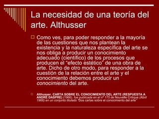La necesidad de una teoría del
arte. Althusser
 Como ves, para poder responder a la mayoría
    de las cuestiones que nos plantean la
    existencia y la naturaleza específica del arte se
    nos obliga a producir un conocimiento
    adecuado (científico) de los procesos que
    producen el “efecto estético” de una obra de
    arte. Dicho de otro modo, para responder a la
    cuestión de la relación entre el arte y el
    conocimiento debemos producir un
    conocimiento del arte.
   Althusser. CARTA SOBRE EL CONOCIMIENTO DEL ARTE (RESPUESTA A
    ANDRÉ DASPRE) (1966). fue publicada en el nº 175 de Nouvelle Critique (Abril
    1966) en un conjunto titulado “Dos cartas sobre el conocimiento del arte”
 