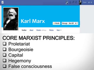 CORE MARXIST PRINCIPLES:
 Proletariat
 Bourgeoisie
 Capital
 Hegemony
 False consciousness
Karl Marx
 