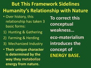 But This Framework Sidelines
Humanity’s Relationship with Nature
• Over history, this
relationship has taken 3
basic forms:
1) Hunting & Gathering
2) Farming & Herding
3) Mechanized Industry
• Their unique character
is determined by the
way they metabolize
energy from nature.
To correct this
conceptual
weakness…
eco-materialism
introduces the
concept of
ENERGY BASE.
 