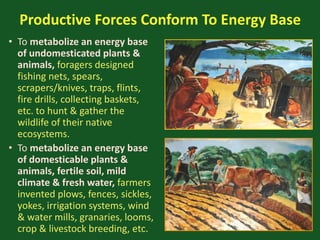 Productive Forces Conform To Energy Base
• To metabolize an energy base
of undomesticated plants &
animals, foragers designed
fishing nets, spears,
scrapers/knives, traps, flints,
fire drills, collecting baskets,
etc. to hunt & gather the
wildlife of their native
ecosystems.
• To metabolize an energy base
of domesticable plants &
animals, fertile soil, mild
climate & fresh water, farmers
invented plows, fences, sickles,
yokes, irrigation systems, wind
& water mills, granaries, looms,
crop & livestock breeding, etc.
 