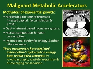 Malignant Metabolic Accelerators
Motivators of exponential growth:
• Maximizing the rate of return on
invested capital. (accumulation &
profit)
• Debt + interest based monetary system.
• Market competition & hyper-
consumption.
• International rivalry for energy & other
vital resources.
These accelerators have depleted
industrialism’s hydrocarbon energy
base within a few centuries by
rewarding rapid, wasteful expansion &
discouraging conservation.
 