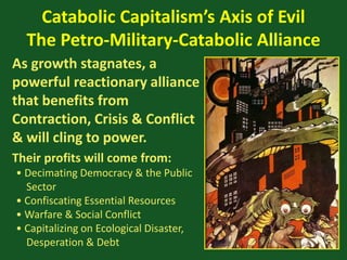Catabolic Capitalism’s Axis of Evil
The Petro-Military-Catabolic Alliance
As growth stagnates, a
powerful reactionary alliance
that benefits from
Contraction, Crisis & Conflict
& will cling to power.
Their profits will come from:
• Decimating Democracy & the Public
Sector
• Confiscating Essential Resources
• Warfare & Social Conflict
• Capitalizing on Ecological Disaster,
Desperation & Debt
 