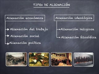 TIPOs DE ALIENACIÓN
Alienación económica Alienación ideológica
Alienación social
Alienación política
Alienación del trabajo Alienación religiosa
Alienación filosófica
 
