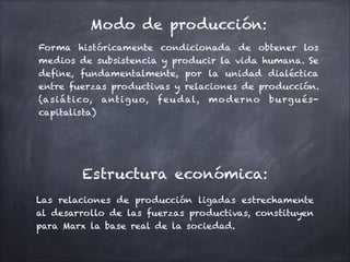 Modo de producción:
Forma históricamente condicionada de obtener los
medios de subsistencia y producir la vida humana. Se
define, fundamentalmente, por la unidad dialéctica
entre fuerzas productivas y relaciones de producción.
(asiático, antiguo, feu dal, mo derno burgués-
capitalista)
!
Estructura económica:
Las relaciones de producción ligadas estrechamente
al desarrollo de las fuerzas productivas, constituyen
para Marx la base real de la sociedad.
 
