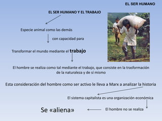 Raíces Intelectuales de MarxOtras influencias en MarxRousseauEl tránsito del hipotético estado de naturaleza al estado socialDegeneración: producto de las desigualdades sociales que surgen con la propiedad privadaLas leyes establecidas en toda sociedad son siempre las leyes que defienden al poderosoLa propiedad privada y el derecho han creado un abismo entre dos "clases" jerárquicamente diferenciadas entre síEsta situación no es superable, según Rousseau, pero puede ser mitigada a través de una sana vuelta a la naturaleza y una educación que fomente el individualismo y la independencia del hombre.