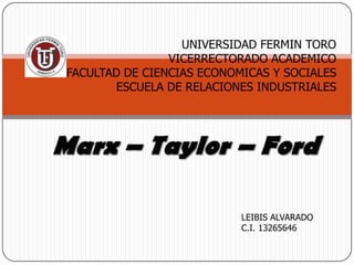 UNIVERSIDAD FERMIN TORO
                VICERRECTORADO ACADEMICO
FACULTAD DE CIENCIAS ECONOMICAS Y SOCIALES
       ESCUELA DE RELACIONES INDUSTRIALES




                           LEIBIS ALVARADO
                           C.I. 13265646
 