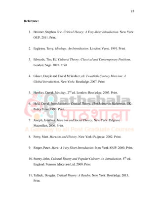23
Reference:
1. Bronner, Stephen Eric. Critical Theory: A Very Short Introduction. New York:
OUP. 2011. Print.
2. Eagleton, Terry. Ideology: An Introduction. London: Verso. 1991. Print.
3. Edwards, Tim. Ed. Cultural Theory: Classical and Contemporary Positions.
London: Sage. 2007. Print
4. Glaser, Daryle and David M Walker, ed. Twentieth Century Marxism: A
Global Introduction. New York: Routledge, 2007. Print
5. Hawkes, David. Ideology. 2nd
ed. London: Routledge. 2003. Print.
6. Held, David. Introduction to Critical Theory: Horkheimer to Habermas. UK:
Polity Press. 1990. Print.
7. Joseph, Jonathan. Marxism and Social Theory. New York: Palgrave
Macmillan, 2006. Print.
8. Perry, Matt. Marxism and History. New York: Palgrave. 2002. Print.
9. Singer, Peter. Marx: A Very Short Introduction. New York: OUP. 2000. Print.
10. Storey, John. Cultural Theory and Popular Culture: An Introduction. 5th
ed.
England: Pearson Education Ltd. 2009. Print
11. Tallack, Douglas. Critical Theory: A Reader. New York: Routledge. 2013.
Print.
 