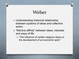 WeberUnderstanding historical relationship between systems of ideas and collective action“Elective affinity” between ideas, interests and ways of life“The influence of certain religious ideas on the development of an economic spirit.”