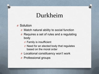 DurkheimSolutionMatch natural ability to social functionRequires a set of rules and a regulating bodyFamily is insufficientNeed for an elected body that regulates based on the moral orderLocational constituency won’t workProfessional groups