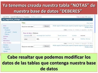 Ya tenemos creada nuestra tabla “NOTAS” de nuestra base de datos “DEBERES”  Cabe resaltar que podemos modificar los datos de las tablas que contenga nuestra base de datos 