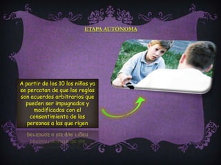 Etapa autónomaA partir de los 10 los niños ya se percatan de que las reglas son acuerdos arbitrarios que pueden ser impugnados y modificados con el consentimiento de las personas a las que rigen