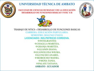 UNIVERSIDAD TÉCNICA DE AMBATO
   FACULTAD DE CIENCIAS HUMANAS Y DE LA EDUCACIÓN
      DESARROLLO DE FUNCIONES BÁSICAS Y NTIC`S II




TRABAJO DE NTICS + DESARROLLO DE FUNCIONES BASICAS
         CARRERA: EDUCACIÓN PARVULARIA.
             SEMESTRE: SEGUNO ÚNICO.
        LICENCIADO: ING.PATRICIO CORDOVA.
                   INTEGRANTES:
                CHAGLLA MARITZA.
                 GRANJA MARITZA.
                  GUANIN DIANA.
               GUANOLUISA WILMA.
                GUINCHO ANABEL.
                MOROCHO MAYRA.
                    MOYA TANIA.
                 PALATE TATIANA.
                AMBATO - ECUADOR
 