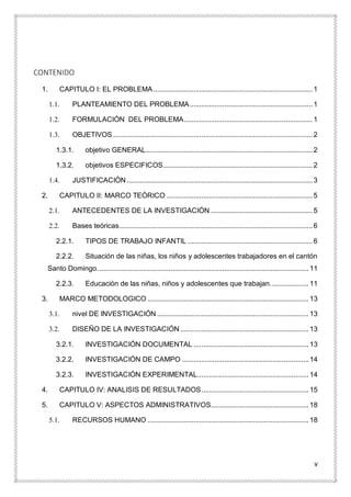 v
CONTENIDO
1. CAPITULO I: EL PROBLEMA...................................................................................1
1.1. PLANTEAMIENTO DEL PROBLEMA................................................................1
1.2. FORMULACIÓN DEL PROBLEMA...................................................................1
1.3. OBJETIVOS ........................................................................................................2
1.3.1. objetivo GENERAL.......................................................................................2
1.3.2. objetivos ESPECIFICOS..............................................................................2
1.4. JUSTIFICACIÓN.................................................................................................3
2. CAPITULO II: MARCO TEÓRICO ............................................................................5
2.1. ANTECEDENTES DE LA INVESTIGACIÓN .....................................................5
2.2. Bases teóricas.....................................................................................................6
2.2.1. TIPOS DE TRABAJO INFANTIL .................................................................6
2.2.2. Situación de las niñas, los niños y adolescentes trabajadores en el cantón
Santo Domingo. .............................................................................................................11
2.2.3. Educación de las niñas, niños y adolescentes que trabajan....................11
3. MARCO METODOLOGICO ....................................................................................13
3.1. nivel DE INVESTIGACIÓN ...............................................................................13
3.2. DISEÑO DE LA INVESTIGACIÓN...................................................................13
3.2.1. INVESTIGACIÓN DOCUMENTAL ............................................................13
3.2.2. INVESTIGACIÓN DE CAMPO ..................................................................14
3.2.3. INVESTIGACIÓN EXPERIMENTAL..........................................................14
4. CAPITULO IV: ANALISIS DE RESULTADOS........................................................15
5. CAPITULO V: ASPECTOS ADMINISTRATIVOS...................................................18
5.1. RECURSOS HUMANO ....................................................................................18
 
