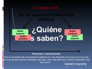 “ Con la sociedad del conocimiento estamos en una situación en la que ya no ocurre que unos pocos actores controlan casi todo, sino más bien que muchos controlan más bien poco.” Daniel Innerarity De los expertos a también la multitud La larga cola ¿Quiénes saben? Personas y más personas Saber profano Saber experto Saber experto Saber profano 
