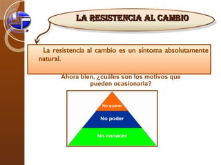 La resistencia al cambio es un síntoma absolutamente natural.  Ahora bien, ¿cuáles son los motivos que pueden ocasionarla?   LA RESISTENCIA AL CAMBIO 