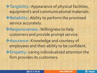 Tangibility:-Appearance of physical facilities,
equipment's and communicational materials.
Reliability:-Ability to perform the promised
service accurately.
Responsiveness:-Willingness to help
customers and provide prompt service.
Assurance:-Knowledge and courtesy of
employees and their ability to be confident.
Empathy:-caring individualized attention the
firm provides its customers.
 