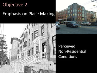 Objective 2
Emphasis on Place Making and Walk ability
Perceived
Non-Residential
Conditions
 