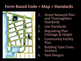 Form Based Code = Map = Standards
1. Street Network Plan
and Thoroughfare
Standards
2. Use Standards
3. Regulating Plan
Frontage & Height
4. Community Facility
Plan
5. Building Type Cross
Sections
6. Park Designs
 