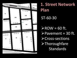 1. Street Network
Plan
ST-60-30
ROW = 60 ft.
Pavement = 30 ft.
Cross-sections
Thoroughfare
Standards
 