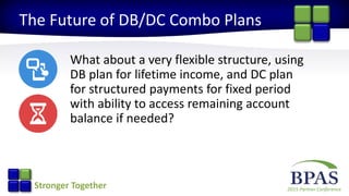 2015 Partner ConferenceStronger Together
The Future of DB/DC Combo Plans
What about a very flexible structure, using
DB plan for lifetime income, and DC plan
for structured payments for fixed period
with ability to access remaining account
balance if needed?
 