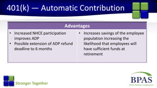 2015 Partner ConferenceStronger Together
401(k) — Automatic Contribution
Advantages
• Increased NHCE participation
improves ADP
• Possible extension of ADP refund
deadline to 6 months
• Increases savings of the employee
population increasing the
likelihood that employees will
have sufficient funds at
retirement
 