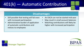 2015 Partner ConferenceStronger Together
401(k) — Automatic Contribution
Disadvantages
• Still possible that testing will fail even
with increased participation
• Administrative burden of application
of automatic contributions and
notices to employees
• An EACA can not be started mid-year
• May result in small account balances
• Matching contributions will likely be
higher with increased participation
 