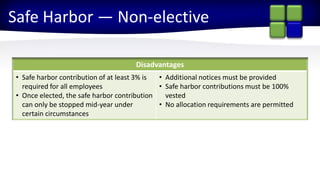 2015 Partner ConferenceStronger Together
Safe Harbor — Non-elective
Disadvantages
• Safe harbor contribution of at least 3% is
required for all employees
• Once elected, the safe harbor contribution
can only be stopped mid-year under
certain circumstances
• Additional notices must be provided
• Safe harbor contributions must be 100%
vested
• No allocation requirements are permitted
 