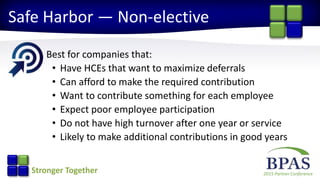 2015 Partner ConferenceStronger Together
Safe Harbor — Non-elective
Best for companies that:
• Have HCEs that want to maximize deferrals
• Can afford to make the required contribution
• Want to contribute something for each employee
• Expect poor employee participation
• Do not have high turnover after one year or service
• Likely to make additional contributions in good years
 