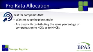 2015 Partner ConferenceStronger Together
Pro Rata Allocation
Best for companies that:
• Want to keep the plan simple
• Are okay with contributing the same percentage of
compensation to HCEs as to NHCEs
 