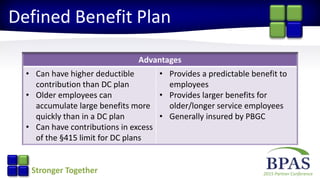 2015 Partner ConferenceStronger Together
Defined Benefit Plan
Advantages
• Can have higher deductible
contribution than DC plan
• Older employees can
accumulate large benefits more
quickly than in a DC plan
• Can have contributions in excess
of the §415 limit for DC plans
• Provides a predictable benefit to
employees
• Provides larger benefits for
older/longer service employees
• Generally insured by PBGC
 