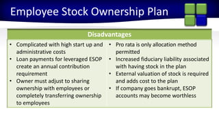 2015 Partner ConferenceStronger Together
Employee Stock Ownership Plan
Disadvantages
• Complicated with high start up and
administrative costs
• Loan payments for leveraged ESOP
create an annual contribution
requirement
• Owner must adjust to sharing
ownership with employees or
completely transferring ownership
to employees
• Pro rata is only allocation method
permitted
• Increased fiduciary liability associated
with having stock in the plan
• External valuation of stock is required
and adds cost to the plan
• If company goes bankrupt, ESOP
accounts may become worthless
 