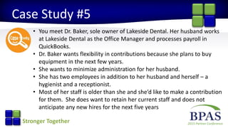 2015 Partner ConferenceStronger Together
Case Study #5
• You meet Dr. Baker, sole owner of Lakeside Dental. Her husband works
at Lakeside Dental as the Office Manager and processes payroll in
QuickBooks.
• Dr. Baker wants flexibility in contributions because she plans to buy
equipment in the next few years.
• She wants to minimize administration for her husband.
• She has two employees in addition to her husband and herself – a
hygienist and a receptionist.
• Most of her staff is older than she and she’d like to make a contribution
for them. She does want to retain her current staff and does not
anticipate any new hires for the next five years
 