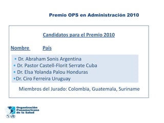 Premio OPS en Administración 2010



              Candidatos para el Premio 2010

Nombre        País

• Dr. Abraham Sonis Argentina
• Dr. Pastor Castell-Florit Serrate Cuba
• Dr. Elsa Yolanda Palou Honduras
•Dr. Ciro Ferreira Uruguay
  Miembros del Jurado: Colombia, Guatemala, Suriname
 