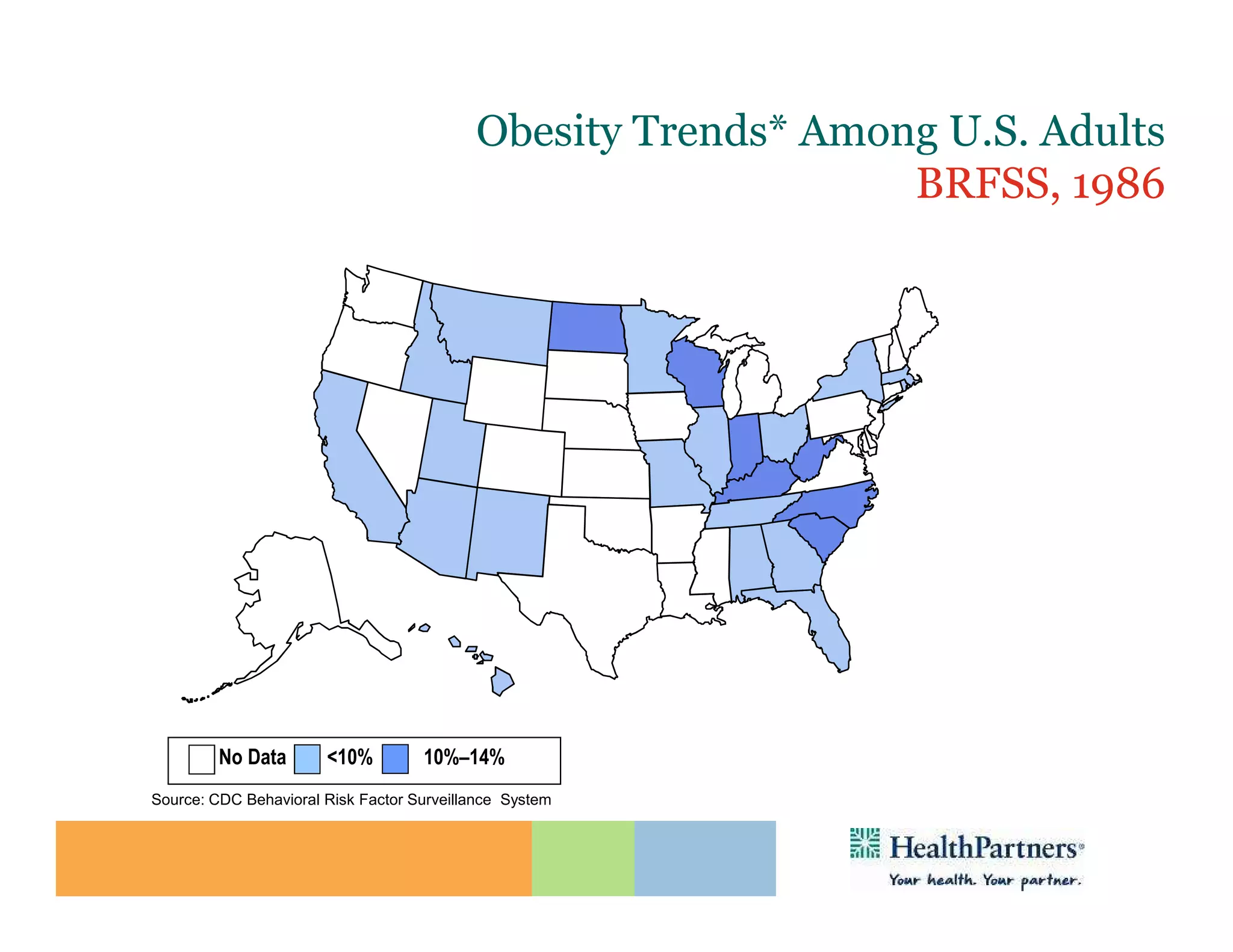 Obesity Trends* Among U.S. Adults
                                                             BRFSS, 1986
                      (*BMI ≥30, or ~ 30 lbs. overweight for 5’ 4” person)




        No Data       <10%        10%–14%
No Data Behavioral Risk Factor Surveillance
Source: CDC <10%         10%–14%              System
 