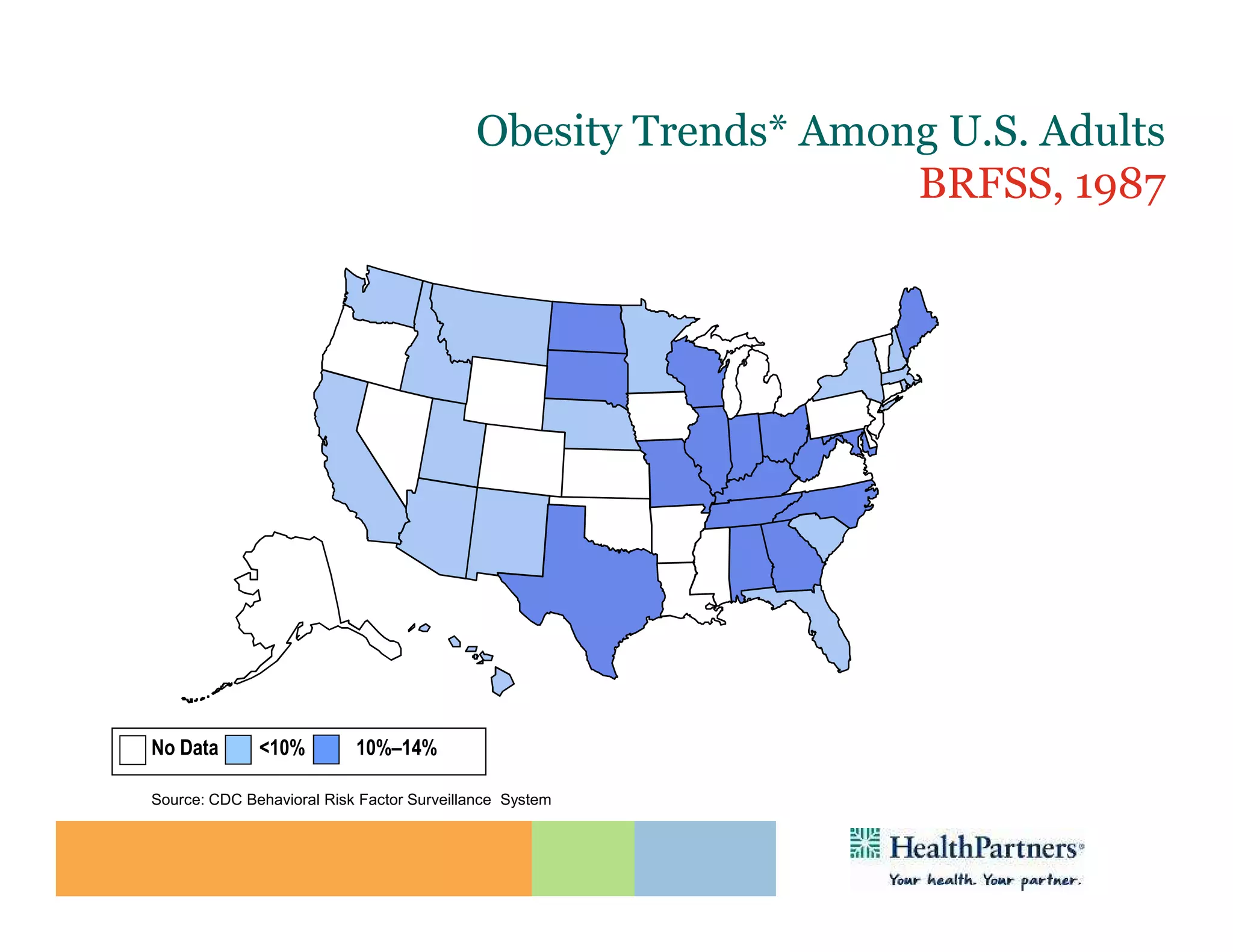 Obesity Trends* Among U.S. Adults
                                                               BRFSS, 1987
                       (*BMI ≥30, or ~ 30 lbs. overweight for 5’ 4”
                       person)




No Data       <10%         10%–14%

Source: CDC Behavioral Risk Factor Surveillance System
 