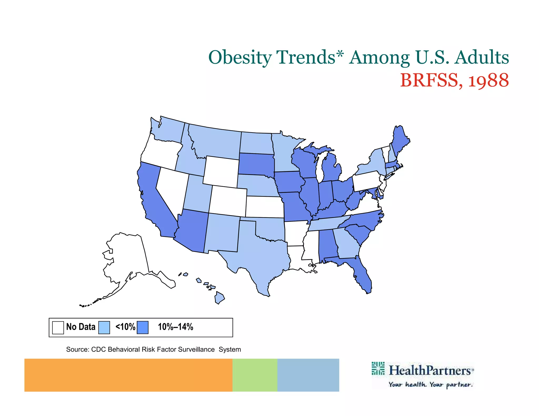 Obesity Trends* Among U.S. Adults
                                                               BRFSS, 1988
                       (*BMI ≥30, or ~ 30 lbs. overweight for 5’ 4” person)




No Data        <10%         10%–14%

Source: CDC Behavioral Risk Factor Surveillance System
 