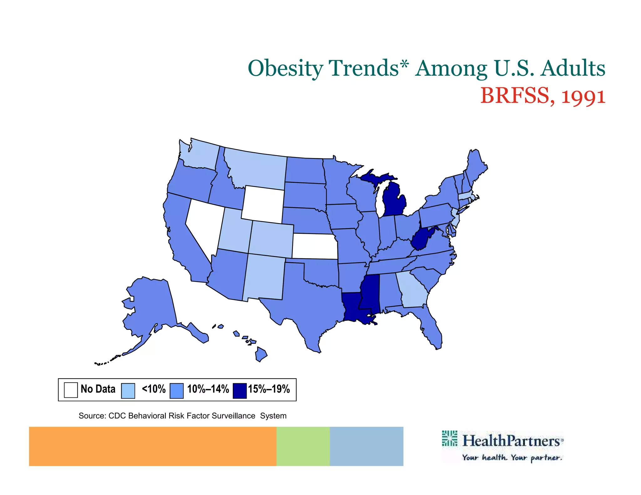 Obesity Trends* Among U.S. Adults
                                                               BRFSS, 1991
                       (*BMI ≥30, or ~ 30 lbs. overweight for 5’ 4” person)




No Data         <10%        10%–14%        15%–19%

Source: CDC Behavioral Risk Factor Surveillance System
 