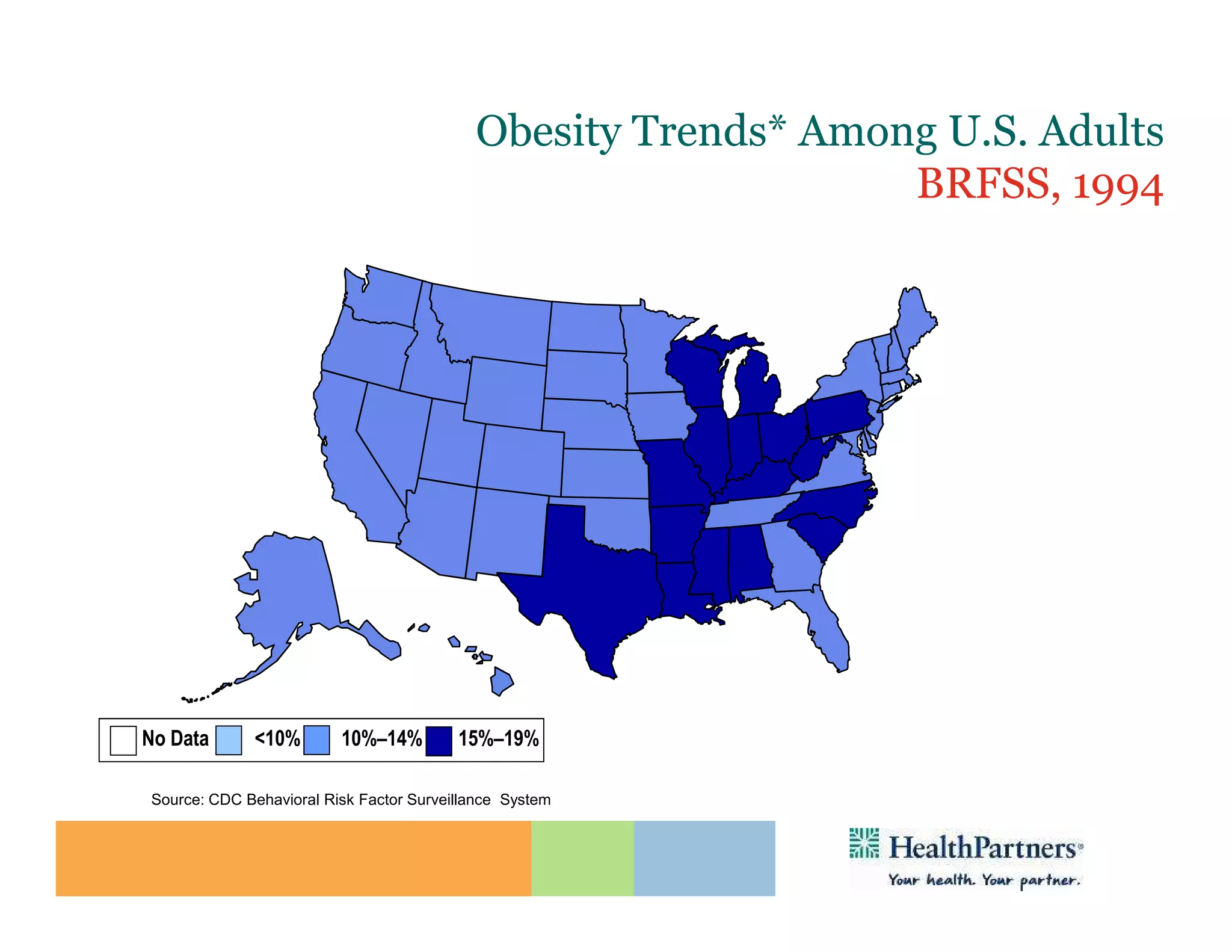Obesity Trends* Among U.S. Adults
                                                               BRFSS, 1994
                       (*BMI ≥30, or ~ 30 lbs. overweight for 5’ 4” person)




No Data      <10%        10%–14%         15%–19%

Source: CDC Behavioral Risk Factor Surveillance System
 