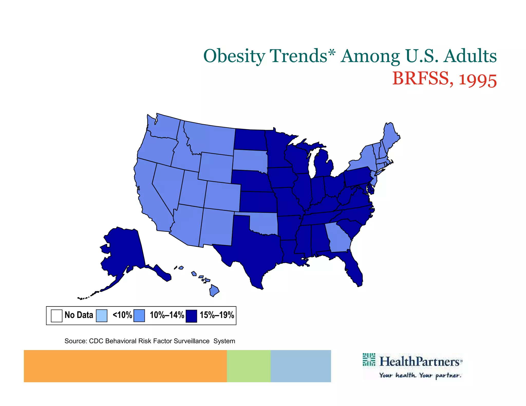 Obesity Trends* Among U.S. Adults
                                                               BRFSS, 1995
                       (*BMI ≥30, or ~ 30 lbs. overweight for 5’ 4” person)




No Data        <10%       10%–14%         15%–19%

Source: CDC Behavioral Risk Factor Surveillance System
 