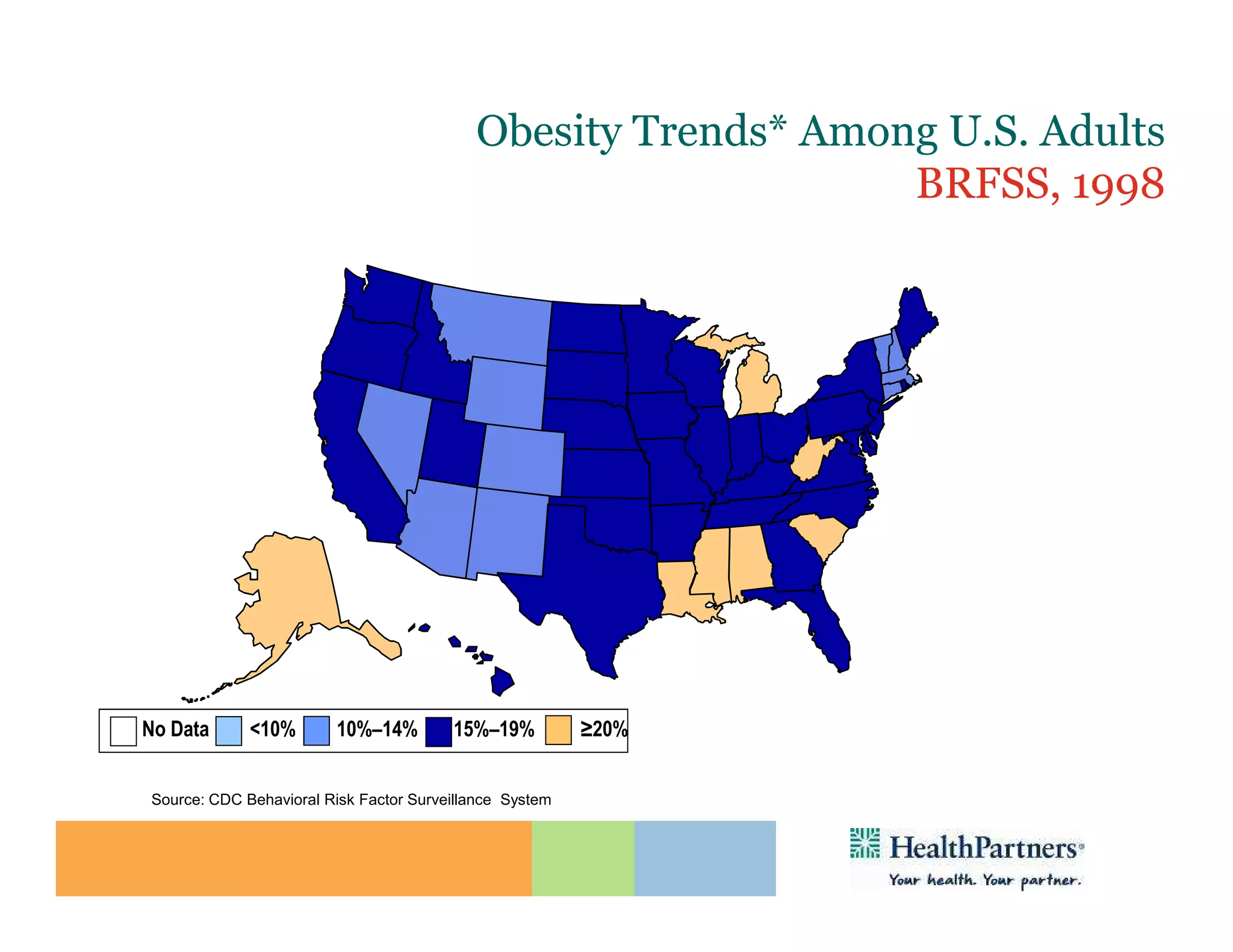 Obesity Trends* Among U.S. Adults
                                                               BRFSS, 1998
                       (*BMI ≥30, or ~ 30 lbs. overweight for 5’ 4” person)




No Data      <10%        10%–14%        15%–19%          ≥20%


Source: CDC Behavioral Risk Factor Surveillance System
 