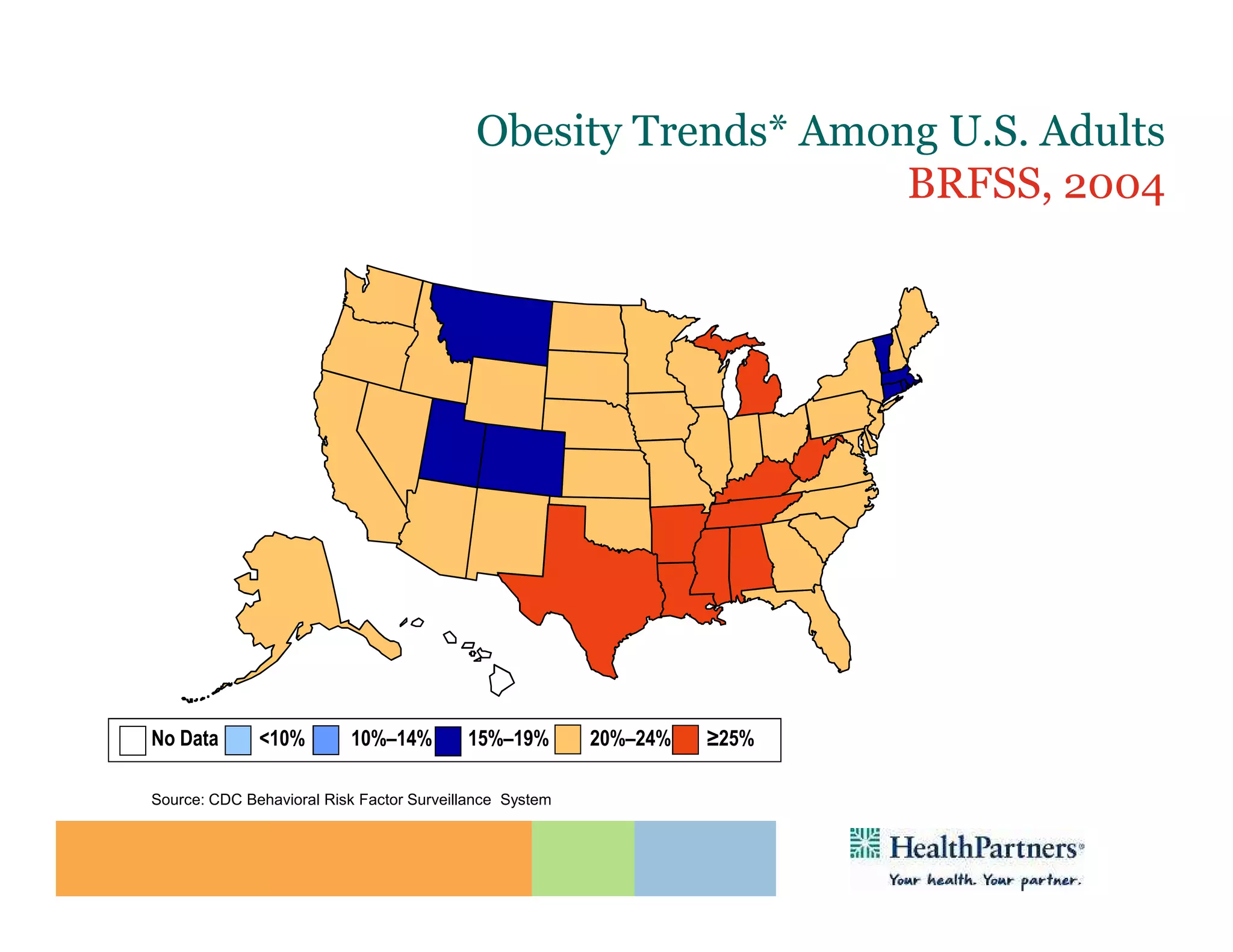 Obesity Trends* Among U.S. Adults
                                                               BRFSS, 2004
                       (*BMI ≥30, or ~ 30 lbs. overweight for 5’ 4” person)




No Data       <10%        10%–14%         15%–19%        20%–24%   ≥25%

Source: CDC Behavioral Risk Factor Surveillance System
 