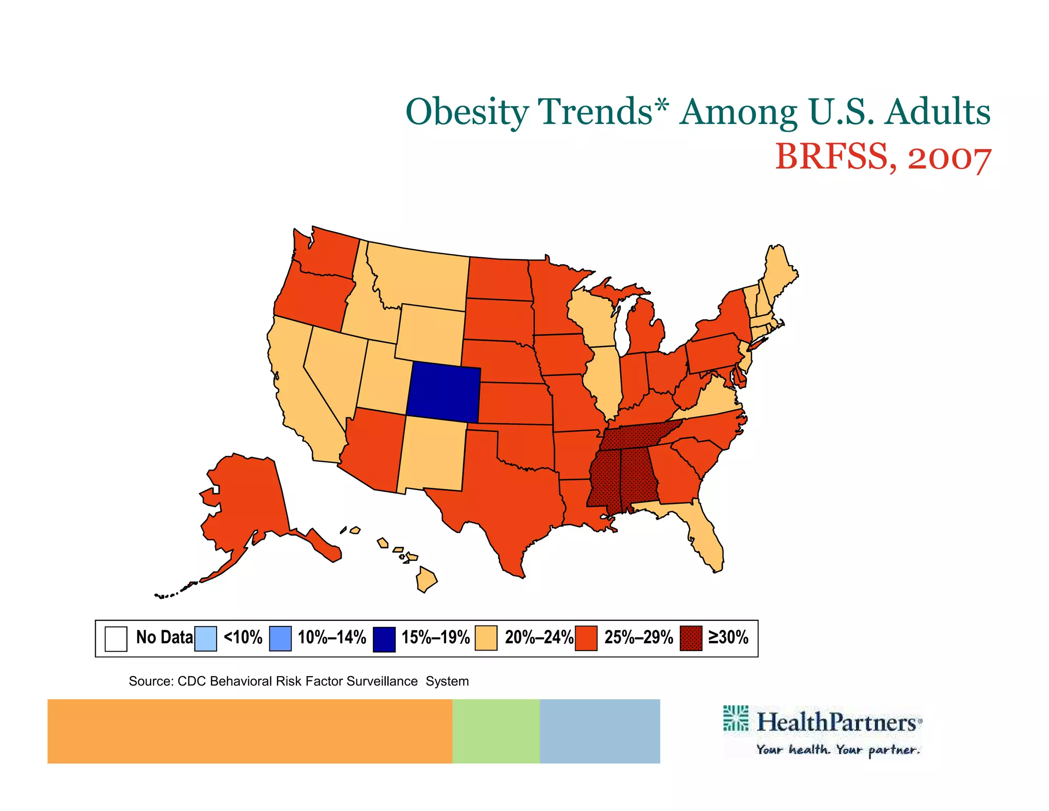 Obesity Trends* Among U.S. Adults
                                                               BRFSS, 2007
                       (*BMI ≥30, or ~ 30 lbs. overweight for 5’ 4” person)




 No Data       <10%       10%–14%          15%–19%       20%–24%   25%–29%   ≥30%

Source: CDC Behavioral Risk Factor Surveillance System
 