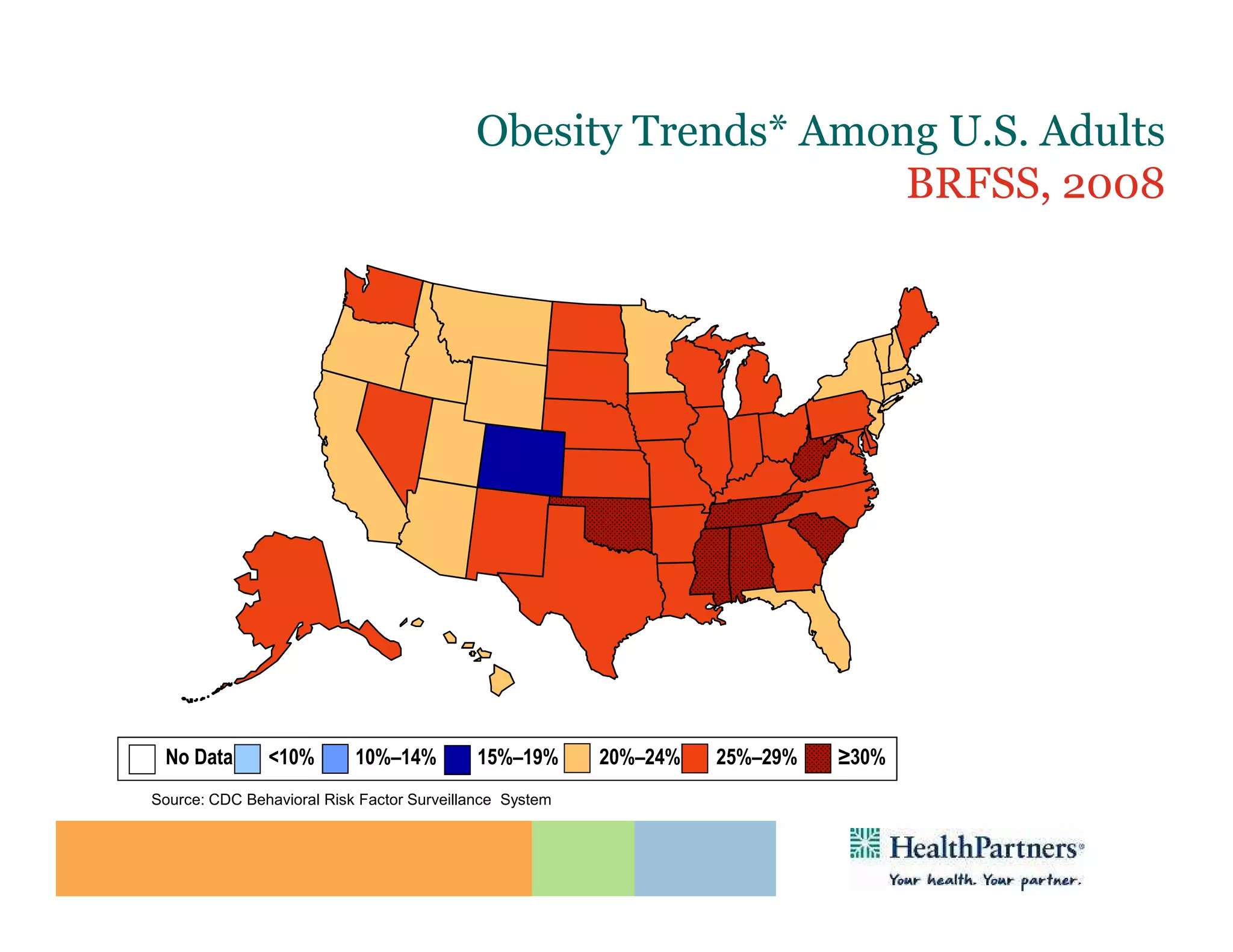 Obesity Trends* Among U.S. Adults
                                                               BRFSS, 2008
                       (*BMI ≥30, or ~ 30 lbs. overweight for 5’ 4” person)




 No Data       <10%        10%–14%         15%–19%       20%–24%   25%–29%   ≥30%
Source: CDC Behavioral Risk Factor Surveillance System
 