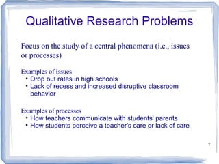 Qualitative Research Problems Focus on the study of a central phenomena (i.e., issues or processes) Examples of issues Drop out rates in high schools Lack of recess and increased disruptive classroom behavior Examples of processes How teachers communicate with students' parents How students perceive a teacher's care or lack of care 