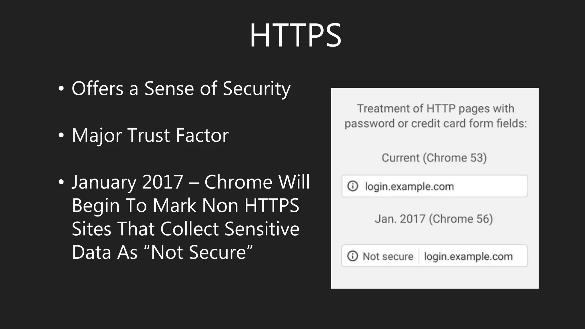 HTTPS
• Offers a Sense of Security
• Major Trust Factor
• January 2017 – Chrome Will
Begin To Mark Non HTTPS
Sites That Collect Sensitive
Data As “Not Secure”
 